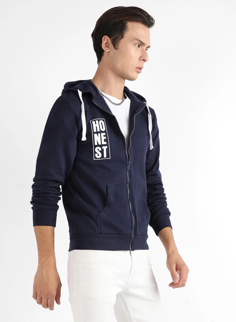 Campus Sutra Men's Dark Blue Honest Hoodie With Insert Pocket