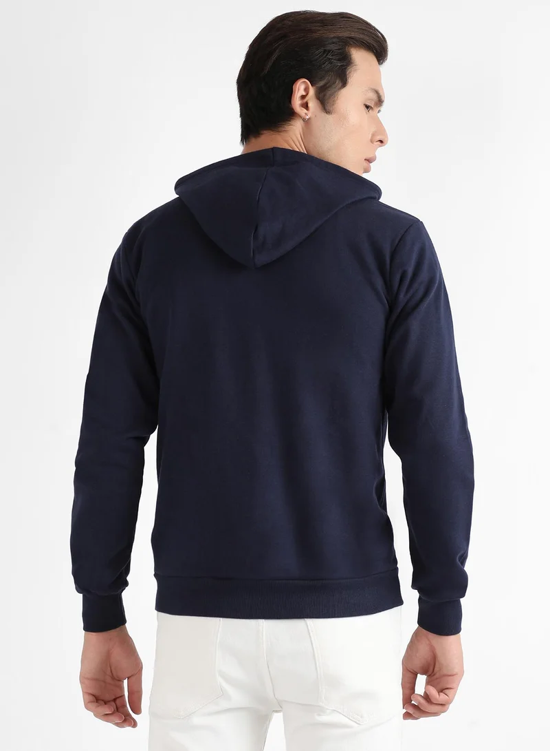 Campus Sutra Men's Dark Blue Honest Hoodie With Insert Pocket