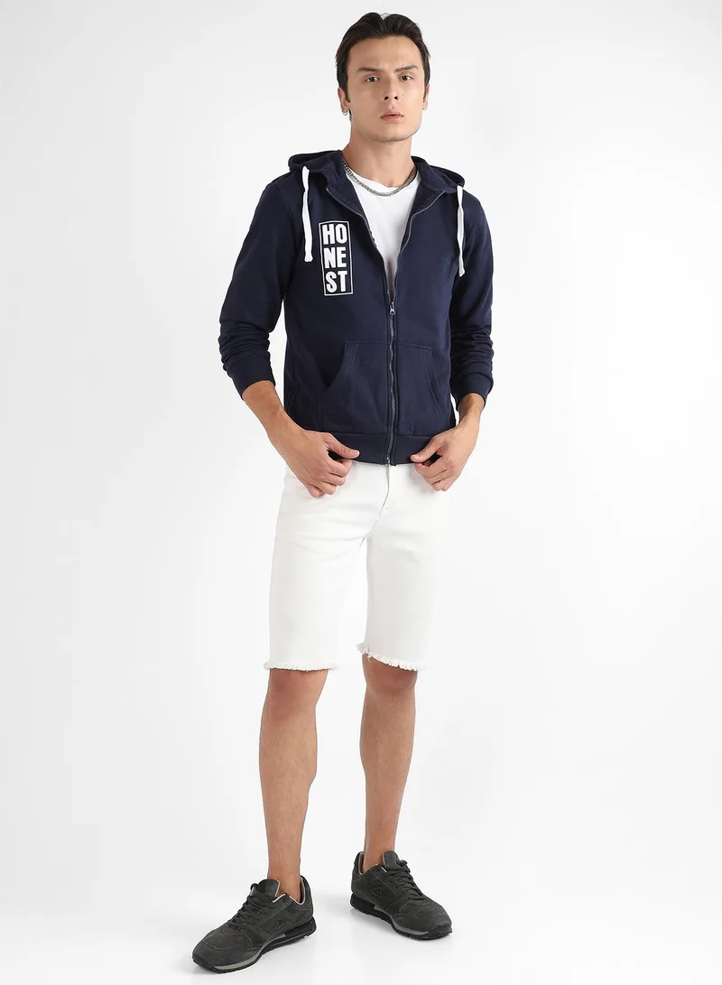 Campus Sutra Men's Dark Blue Honest Hoodie With Insert Pocket