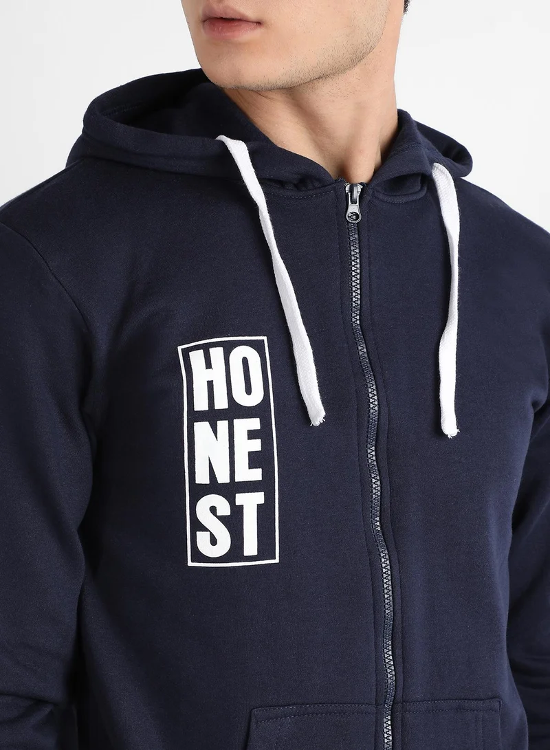 Campus Sutra Men's Dark Blue Honest Hoodie With Insert Pocket