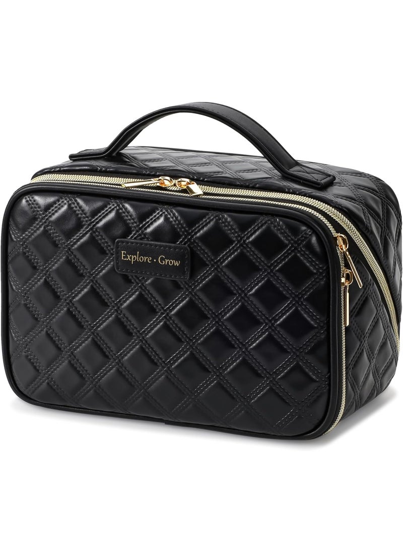 Packism - PACKISM PU Leather Cosmetic Bags for Women - Plaid Open Flat Travel Cosmetic Case with Compartments, Brush Holder Handle, Waterproof Skincare Bag Fits Travel Bathroom Cruise, Black (L) - Image 1