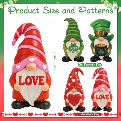 Simgoing 4 Pcs Holiday Gnomes Figurines 2 Valentines 2 St Patrick's Day Gnomes, Resin Love Heart Figurines Lucky Tabletop Decor Holiday Statues Centerpieces for Spring Home Table Tiered Tray Fireplace - Image 2