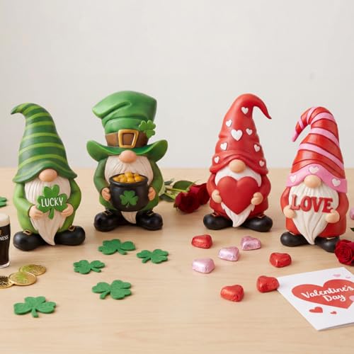 Simgoing 4 Pcs Holiday Gnomes Figurines 2 Valentines 2 St Patrick's Day Gnomes, Resin Love Heart Figurines Lucky Tabletop Decor Holiday Statues Centerpieces for Spring Home Table Tiered Tray Fireplace - Image 1