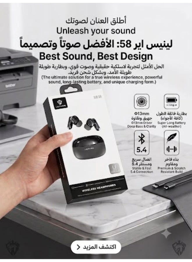 لينيس سماعات لينيس AIR 58 لاسلكية بتقنية البلوتوث مع علبة شحن وشاشة LED، بلوتوث 5.4، مشغلات 13 مم – أسود - Image 1