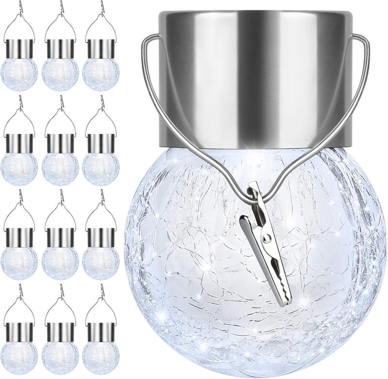 Bosceos 12Pack Outdoor Hanging Solar Lights - Solar Powered Crackle Glass Ball Lights Waterproof Tree Hanging Outdoor Globe Lights with Hook for Garden Balcony Patio Christmas Party Decoration, Daylight White - Image 1