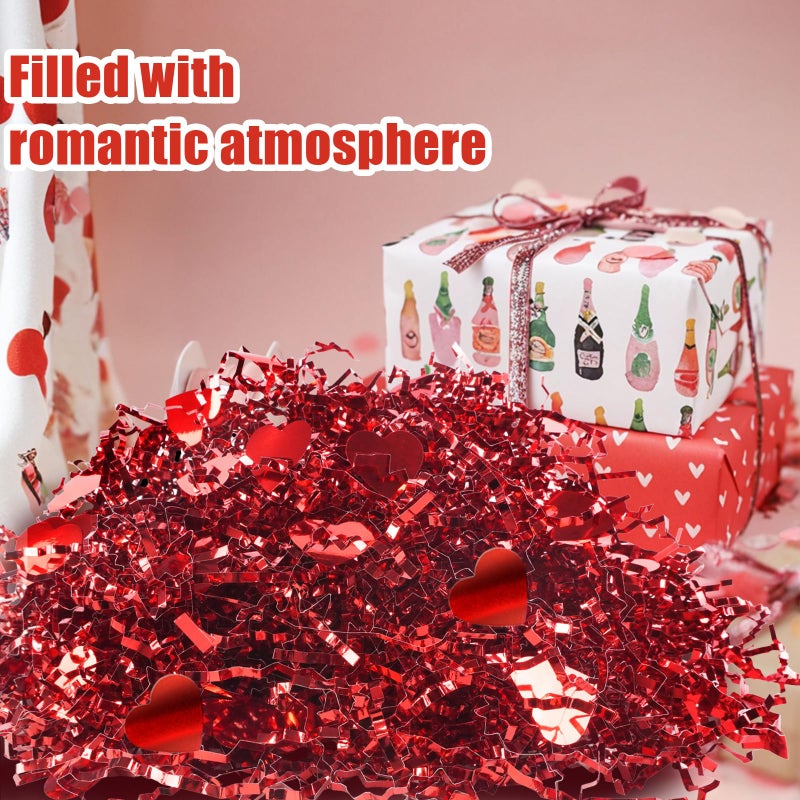 TORONTOKYO 32oz Mother's Day Crinkle Cut Paper Shred, Red Metallic Raffia Paper Shred Filler Grass with Red Heart Confetti for Gift Wrapping, Basket Filling, Wedding, Party Supply - Image 3