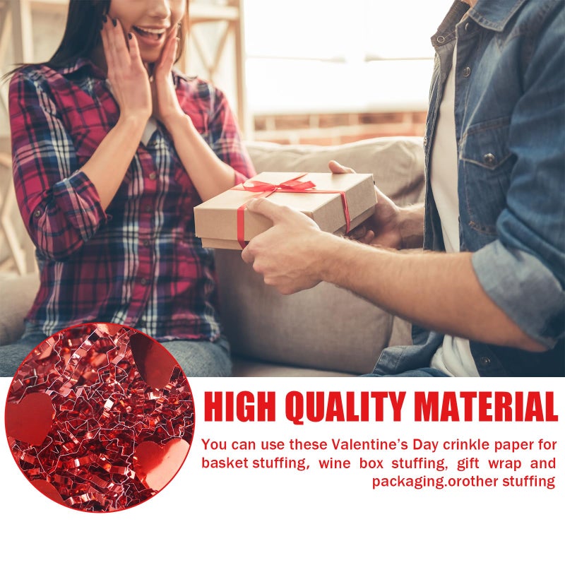 TORONTOKYO 32oz Mother's Day Crinkle Cut Paper Shred, Red Metallic Raffia Paper Shred Filler Grass with Red Heart Confetti for Gift Wrapping, Basket Filling, Wedding, Party Supply - Image 4