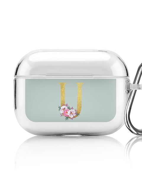 Classic Clear printed Case for Apple Airpods Pro Soft TPU Gel Thin Transparent Flexible Cover - Custom Monogram Initial Letter Floral Pattern Alphabet - U ( Light Green )