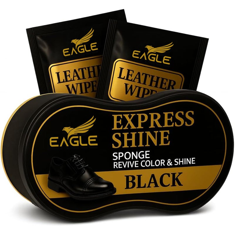 Eagle Black Shoe Shine Sponge â€“ Instant Shine Sponge for Leather Shoes & Boots | Quick Shoe Polisher & Leather Shine Applicator with 2 Cleaning Wipes | No Buffing Needed - Image 1