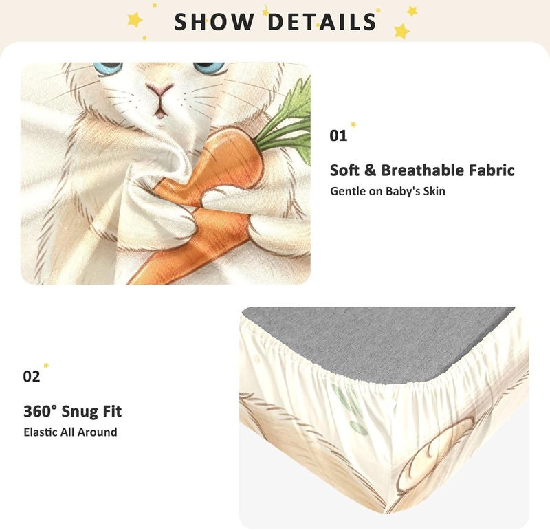 xigua Cute Bunny Baby Crib Sheets, Super Soft Combed Cotton Fitted Sheets, Breathable Skin-Friendly Baby Sheets for Standard Crib and Toddler Mattress & Playard, 52x28x9 Inch - Image 5