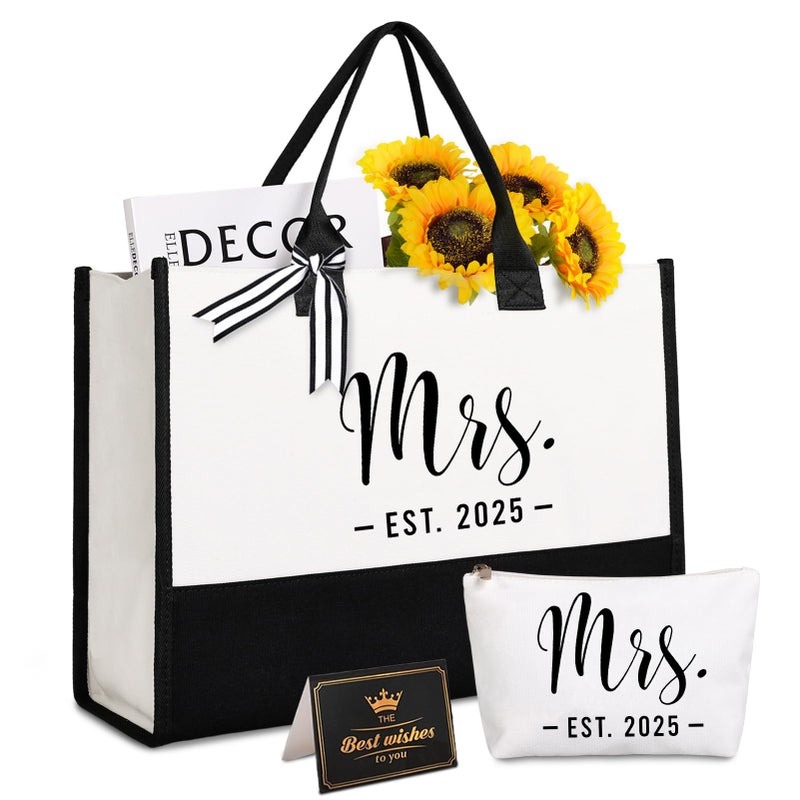 Lamyba Bride Tote BagBridal ShowerBachelorette PartyWedding Day Gifts for Bride To BeMrs Bags with Makeup BagInterior PocketBlack and White