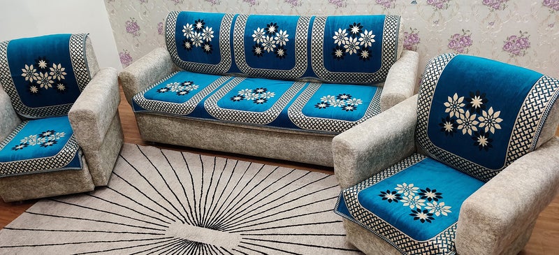KREEVA Velvet Chenille Sofa Cover | for 5 Seater (3+1+1) Sofa | (Tohfa Aqua_1, 6 Piece Set) | Sofa Slipcovers - Image 4