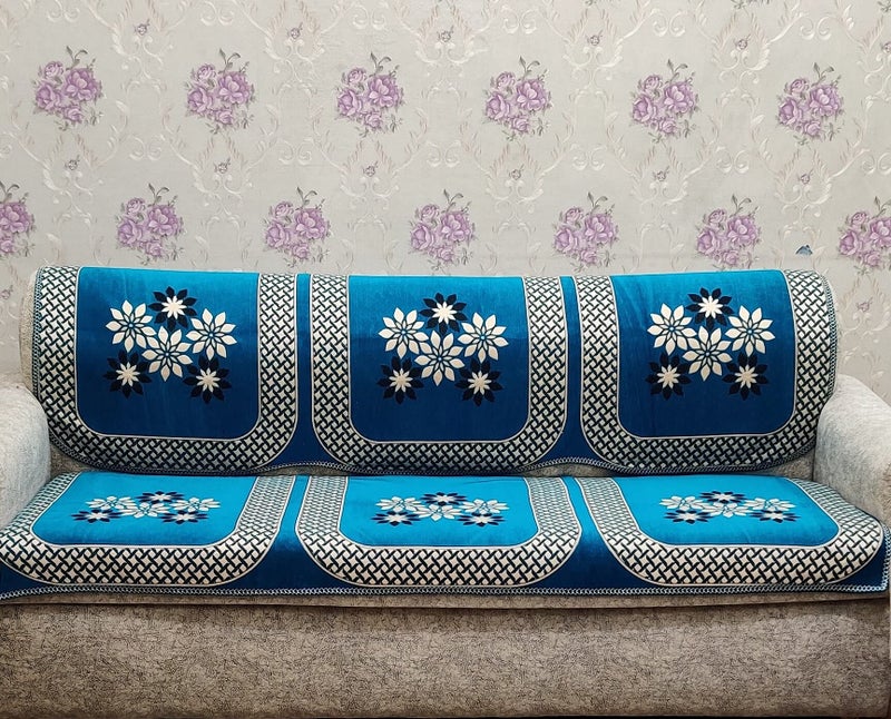 KREEVA Velvet Chenille Sofa Cover | for 5 Seater (3+1+1) Sofa | (Tohfa Aqua_1, 6 Piece Set) | Sofa Slipcovers - Image 3
