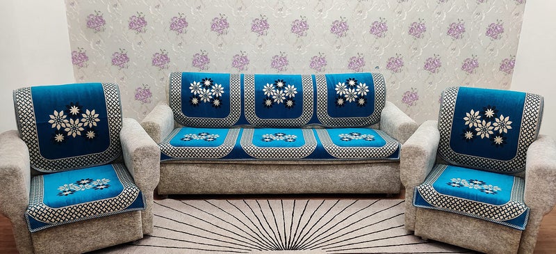 KREEVA Velvet Chenille Sofa Cover | for 5 Seater (3+1+1) Sofa | (Tohfa Aqua_1, 6 Piece Set) | Sofa Slipcovers - Image 1