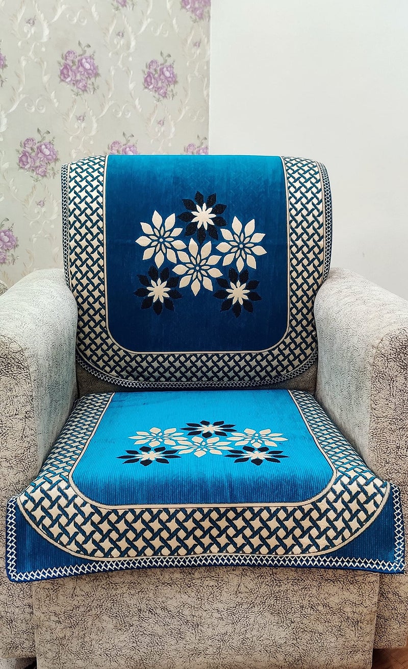 KREEVA Velvet Chenille Sofa Cover | for 5 Seater (3+1+1) Sofa | (Tohfa Aqua_1, 6 Piece Set) | Sofa Slipcovers - Image 2