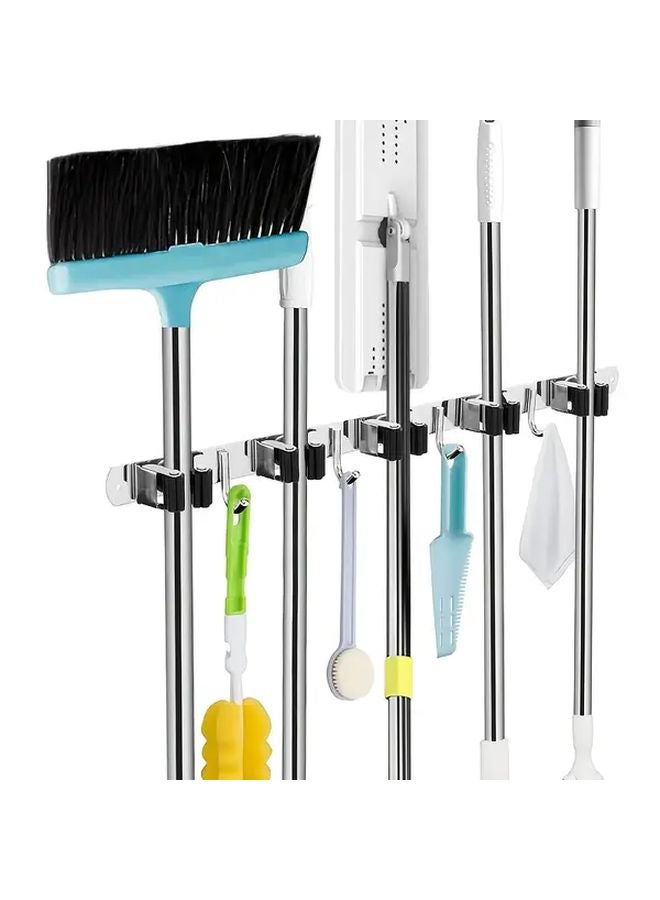 حامل ممسحة ثقيل فضي مثبت على الحائط مع 5 أرفف و 4 خطافات ذاتي اللصق - Image 1