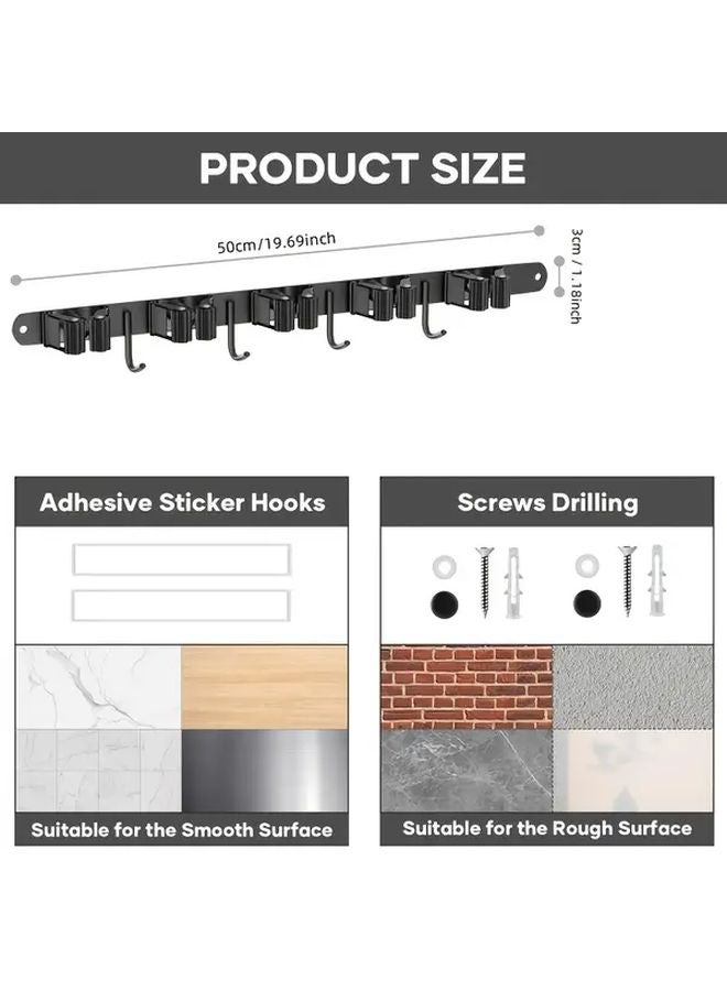 حامل ممسحة ثقيل فضي مثبت على الحائط مع 5 أرفف و 4 خطافات ذاتي اللصق - Image 4