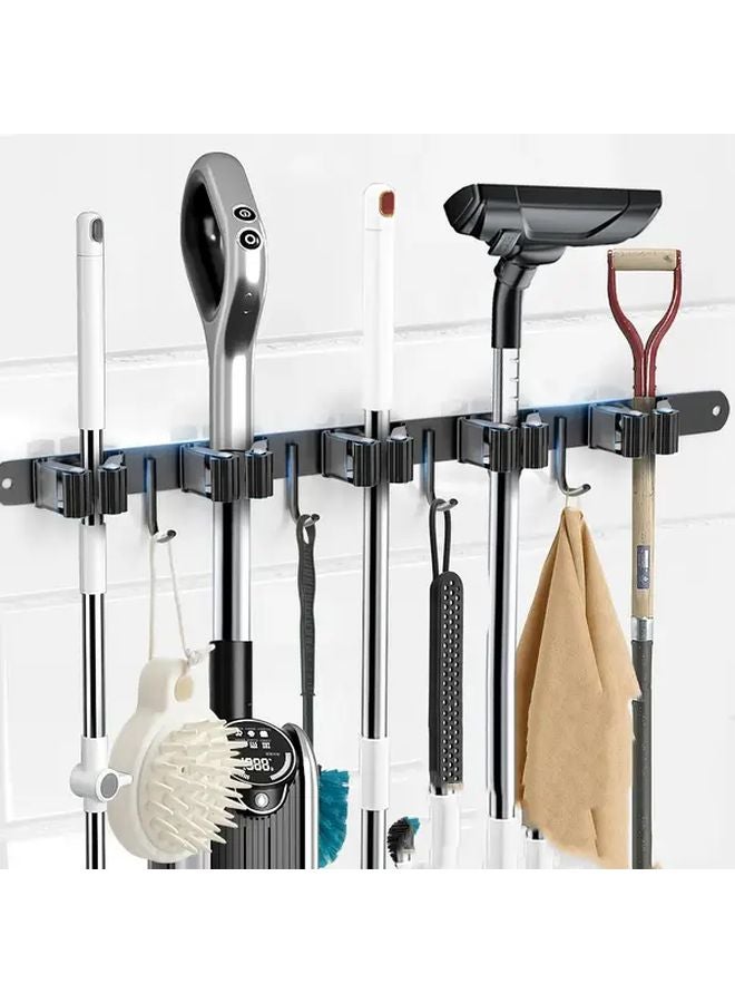 حامل ممسحة ثقيل فضي مثبت على الحائط مع 5 أرفف و 4 خطافات ذاتي اللصق - Image 2