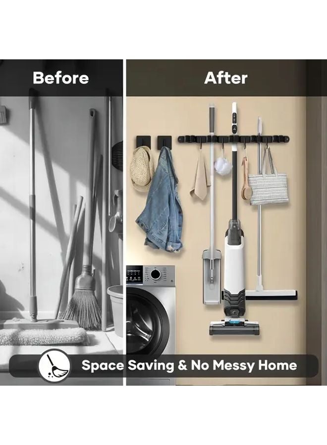 حامل ممسحة ثقيل فضي مثبت على الحائط مع 5 أرفف و 4 خطافات ذاتي اللصق - Image 3