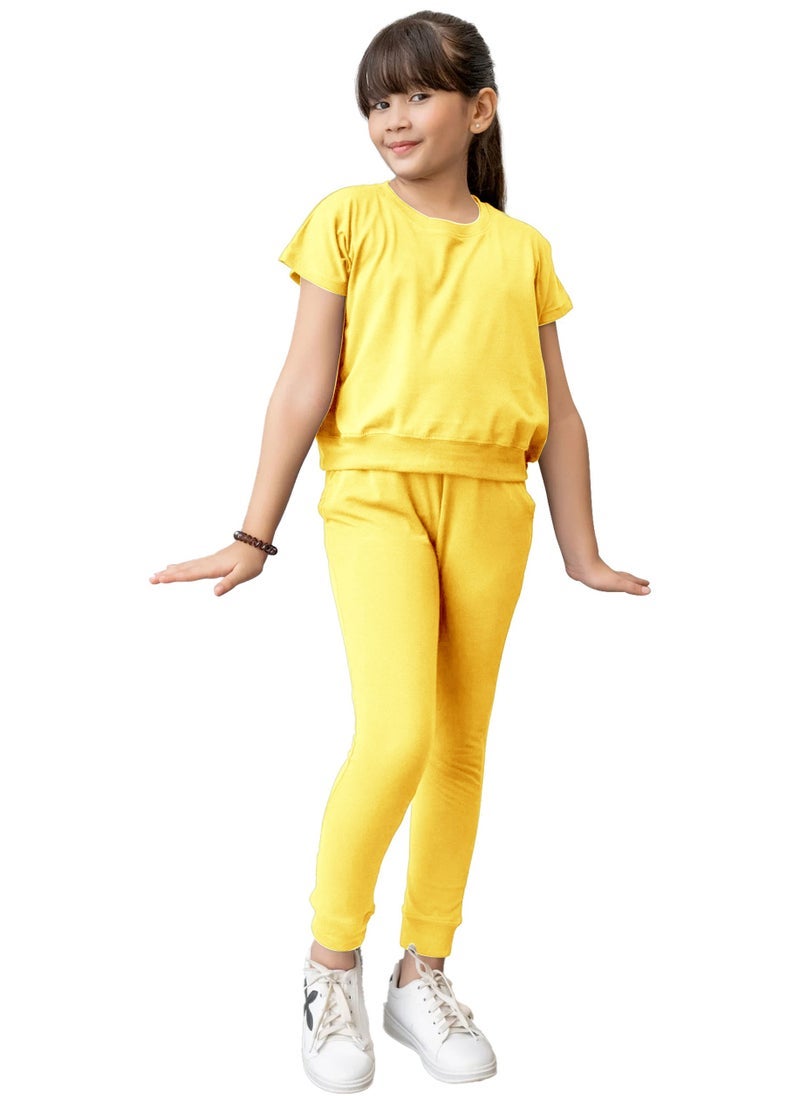 Selecta Now kids girls yellow t shirt top legging set soft stretchable cotton casual outfit comfortable stylish everyday wear co ord set - Image 1