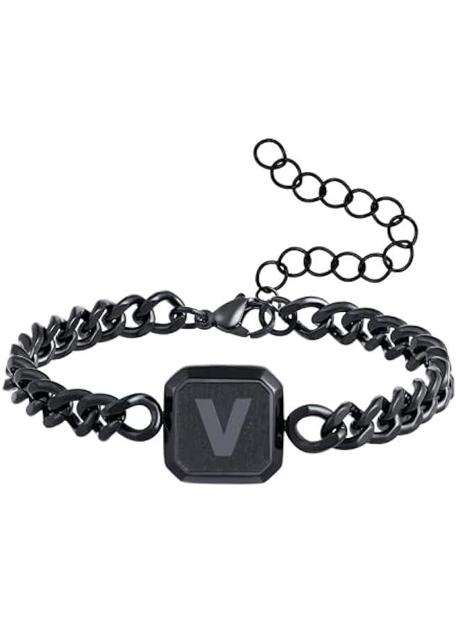 Graduation Gifts-Initial Bracelet Gold/Silver/Black Squre A-Z Letter Cuban Link Chain Mens Bracelets Adjustable Size Stainless Steel Men Jewelry Gifts Graduation Gifts for him Husband Dad Brother Son - Image 1
