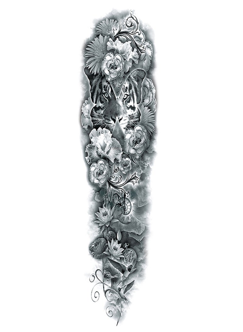 ملصق وشم مؤقت مزيف على الذراع بالكامل، وشم كبير على أكمام الذراع، وشم مقاوم للماء، ملصقات وشم زهرة الفاوانيا الكبيرة، وشم وردة للرجال والنساء - Image 1