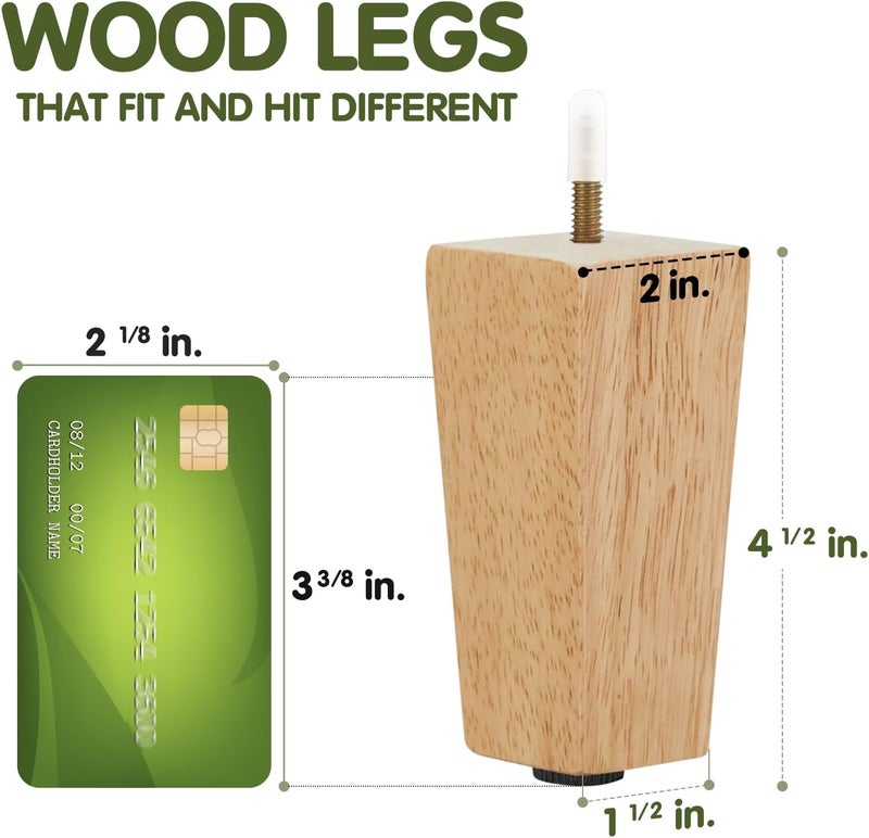 Yes4All مجموعة أرجل أثاث خشبية مربعة بطول 45 بوصة من Yes4All، مجموعة من 4 أرجل بديلة للكنب والسرير والمقعد، أرجل قابلة للتعديل للأرائك والأوتومان، أرجل مدببة مع مستوى، أجزاء خشب مطاطي طبيعي للطاولة والكرسي - Image 2