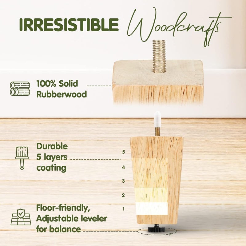 Yes4All مجموعة أرجل أثاث خشبية مربعة بطول 45 بوصة من Yes4All، مجموعة من 4 أرجل بديلة للكنب والسرير والمقعد، أرجل قابلة للتعديل للأرائك والأوتومان، أرجل مدببة مع مستوى، أجزاء خشب مطاطي طبيعي للطاولة والكرسي - Image 4