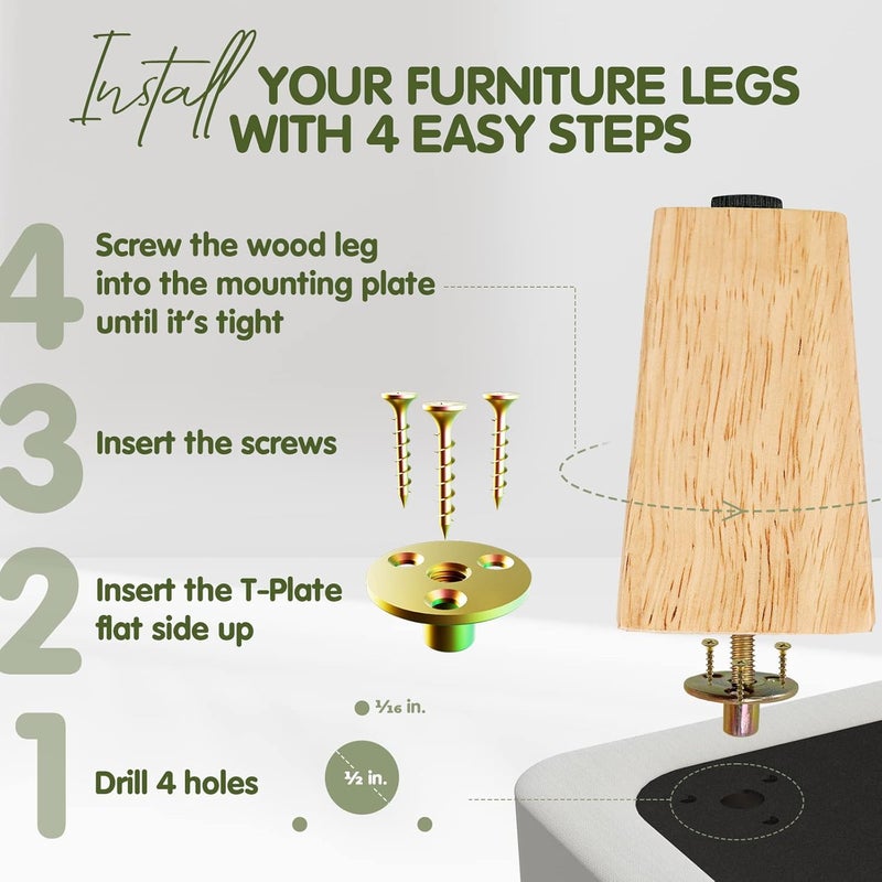 Yes4All مجموعة أرجل أثاث خشبية مربعة بطول 45 بوصة من Yes4All، مجموعة من 4 أرجل بديلة للكنب والسرير والمقعد، أرجل قابلة للتعديل للأرائك والأوتومان، أرجل مدببة مع مستوى، أجزاء خشب مطاطي طبيعي للطاولة والكرسي - Image 5