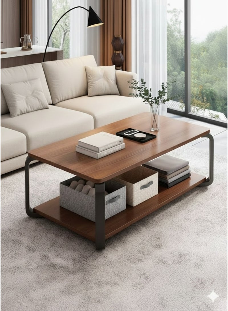 Taimi Wooden Coffee Table Modern Design with Double Layer Storage Space and Metal Legs, Table for Living Room and Office 100x50x43cm - Image 1