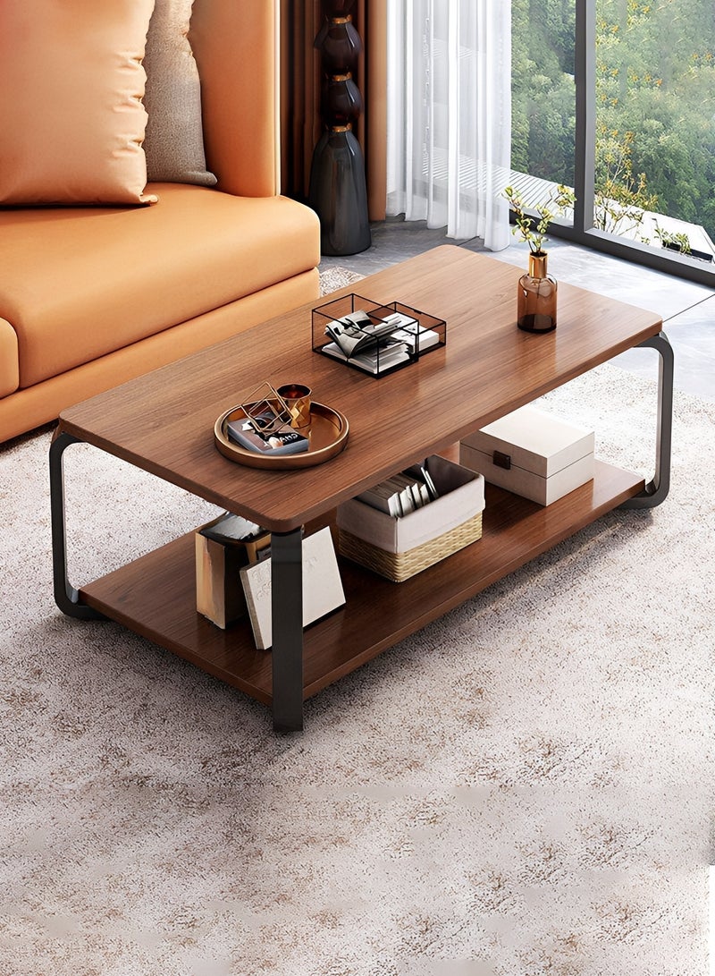 تايمي طاولة قهوة خشبية بتصميم عصري مع مساحة تخزين مزدوجة الطبقات وأرجل معدنية طاولة لغرفة المعيشة والمكتب 100x50x43سم - Image 3