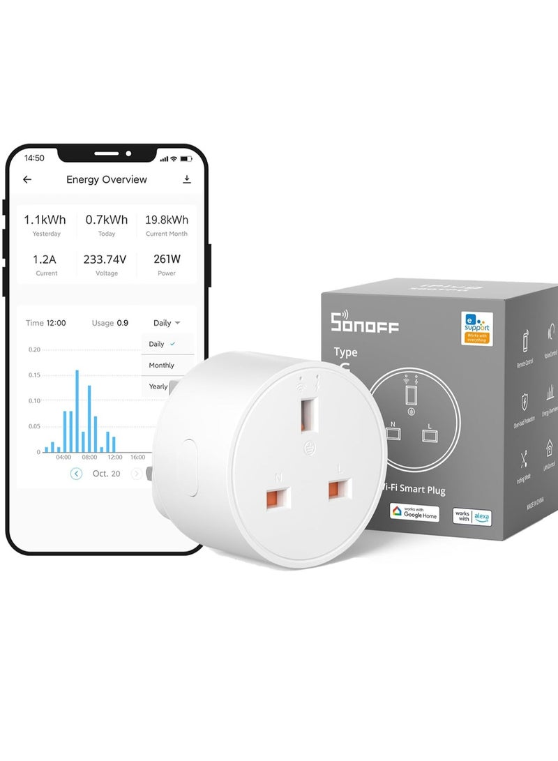 SONOFF SONOFF S60TPG WiFi Smart Plug, 13A Energy Monitoring WLAN Smart Socket Work with Alexa, Google Home, Mini Smart Outlet Remote and Voice Control No Hub Required - Image 1