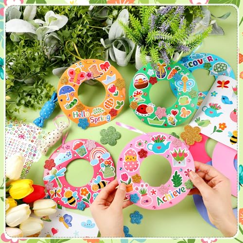 Hollowfly 48 Sets Spring Craft Kits Bulk DIY Spring Wreath Hanging Ornaments with Flower Bee Butterfly Tulips Stickers for Home Decor Party Favors Activities - Image 3