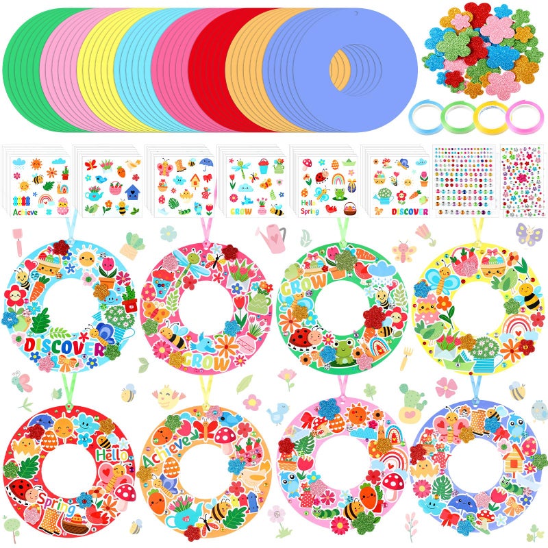 Hollowfly 48 Sets Spring Craft Kits Bulk DIY Spring Wreath Hanging Ornaments with Flower Bee Butterfly Tulips Stickers for Home Decor Party Favors Activities - Image 2