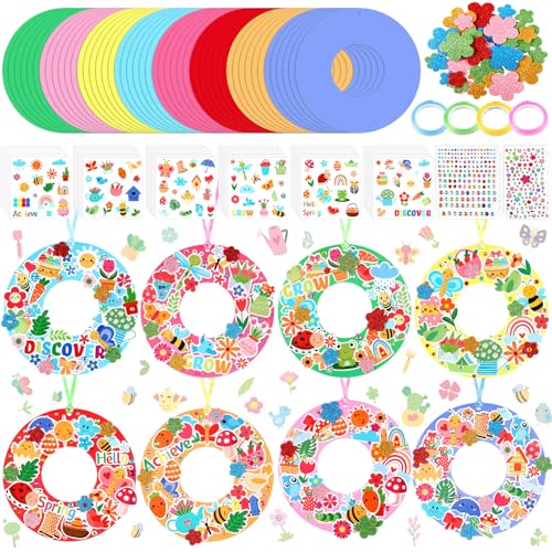 Hollowfly 48 Sets Spring Craft Kits Bulk DIY Spring Wreath Hanging Ornaments with Flower Bee Butterfly Tulips Stickers for Home Decor Party Favors Activities - Image 1
