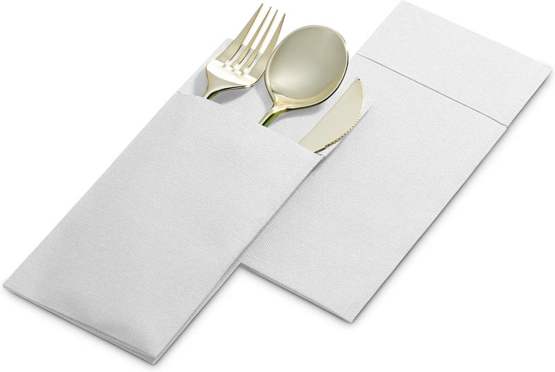 BloominGoods 50-Pack Disposable Linen-Feel Dinner Napkins with Built-in Flatware Pocket, WHITE Prefolded Cloth Like Paper Napkins For Dinner, Wedding Or Party [Silverware NOT Included] - Image 3
