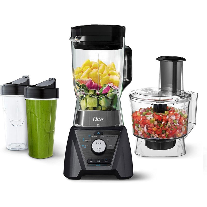 Oster Blender and Food Processor Combo with 3 Settings for Smoothies Shakes and Food Chopping Includes 2 24Ounce Cups and Lids Carbon Grey