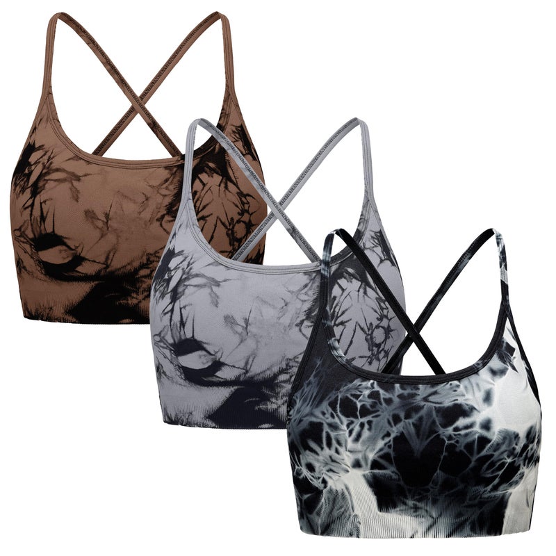 OVESPORT 3 Piece Women's Workout Sports Bras Seamless Tie-dye Strappy Gym Yoga Crop Bra - Image 1