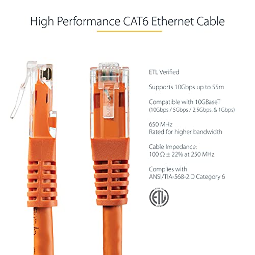 StarTech.com 6ft CAT6 Ethernet Cable - Orange CAT 6 Gigabit Ethernet Wire -650MHz 100W PoE++ RJ45 UTP Molded Category 6 Network/Patch Cord w/Strain Relief/Fluke Tested UL/TIA Certified (C6PATCH6OR) - Image 3