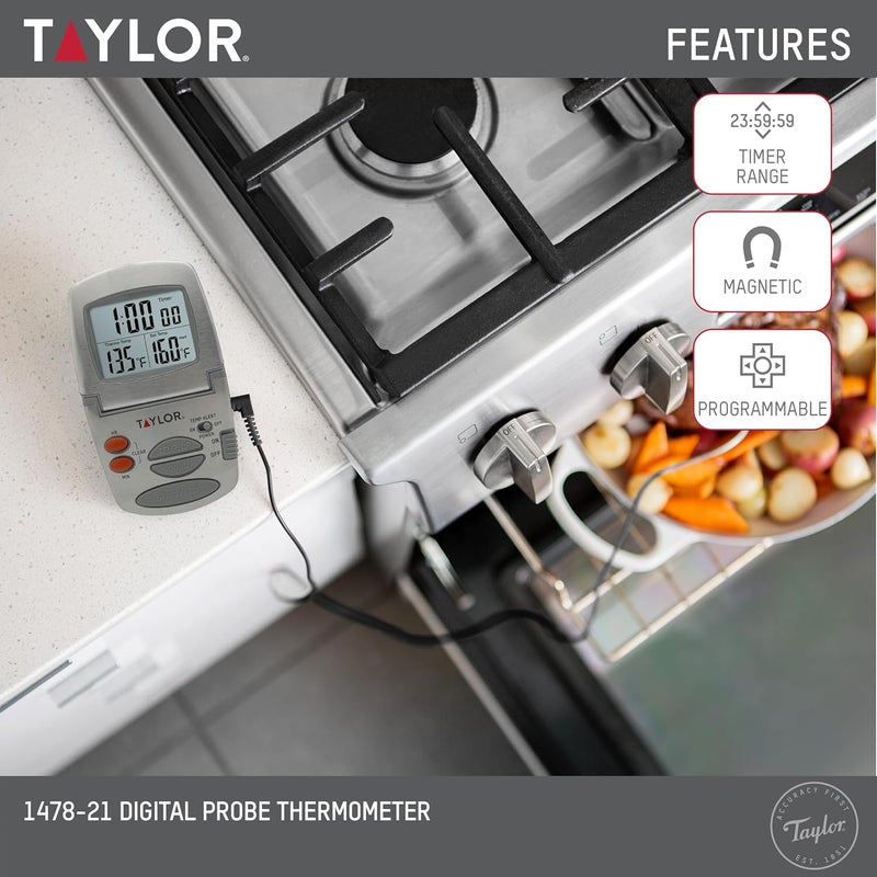 Taylor Precision Products Programmable with Timer Instant Read Wired Probe Digital, Meat, Food, Grill BBQ Cooking Kitchen Thermometer - Image 2