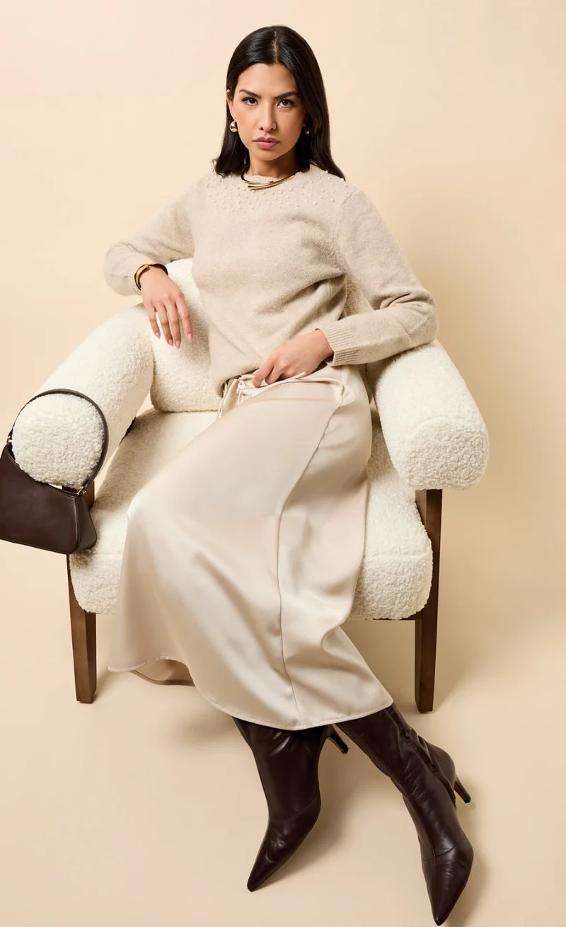 Little Mistress Taupe Embelished Knitted Jumper