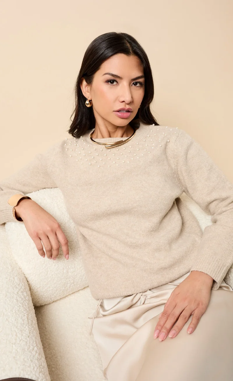 Little Mistress Taupe Embelished Knitted Jumper