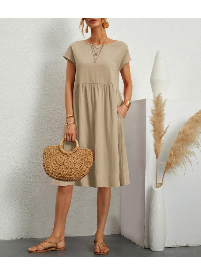 European And American Fashion Summer Ol Temperament Women's Cotton And Linen Round Neck A-line Skirt Plus Size Loose Dress 