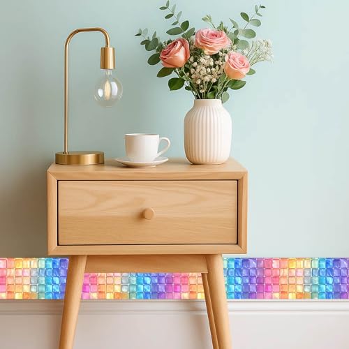 IVN Peel and Stick Wallpaper Border 4 x 196 Inch Rainbow Square Tile Mosaic Pattern Self Adhesive Decorative Wall Trim Accent Strip for Bedroom Kitchen Living Room Mirror Frame Bold Gothic Home Decor - Image 2