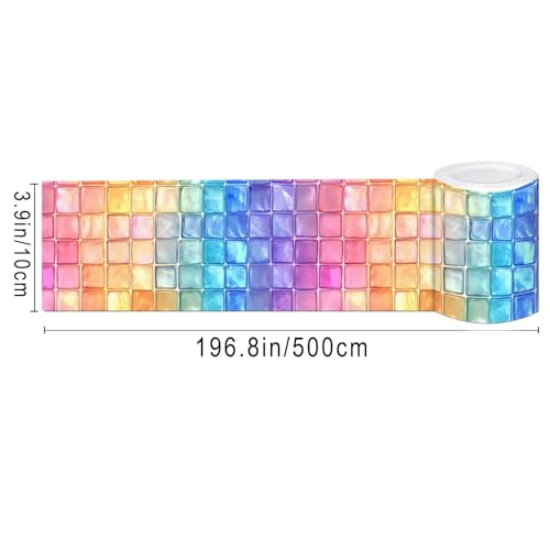 IVN Peel and Stick Wallpaper Border 4 x 196 Inch Rainbow Square Tile Mosaic Pattern Self Adhesive Decorative Wall Trim Accent Strip for Bedroom Kitchen Living Room Mirror Frame Bold Gothic Home Decor - Image 3