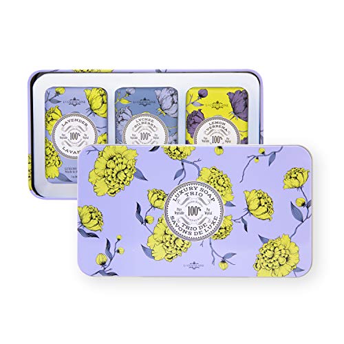 La Chatelaine Luxury Bar Soap Trio Gift Set Tin  Made in France  Natural and Organic  Shea Butter Formula  3 x 7 oz  200g  Lavender Soap Trio Lavender Lychee Bilberry Lemon Verbena