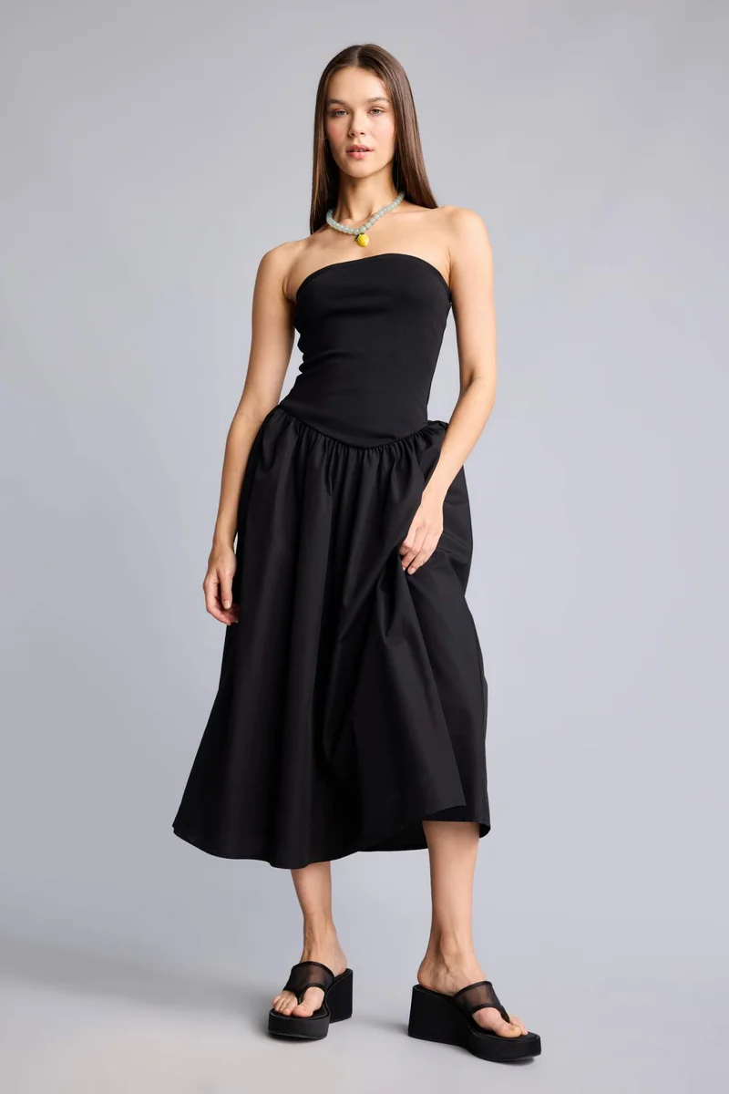 Defacto  Strapless Poplin Midi Black Dress for Women | Best Price UAE