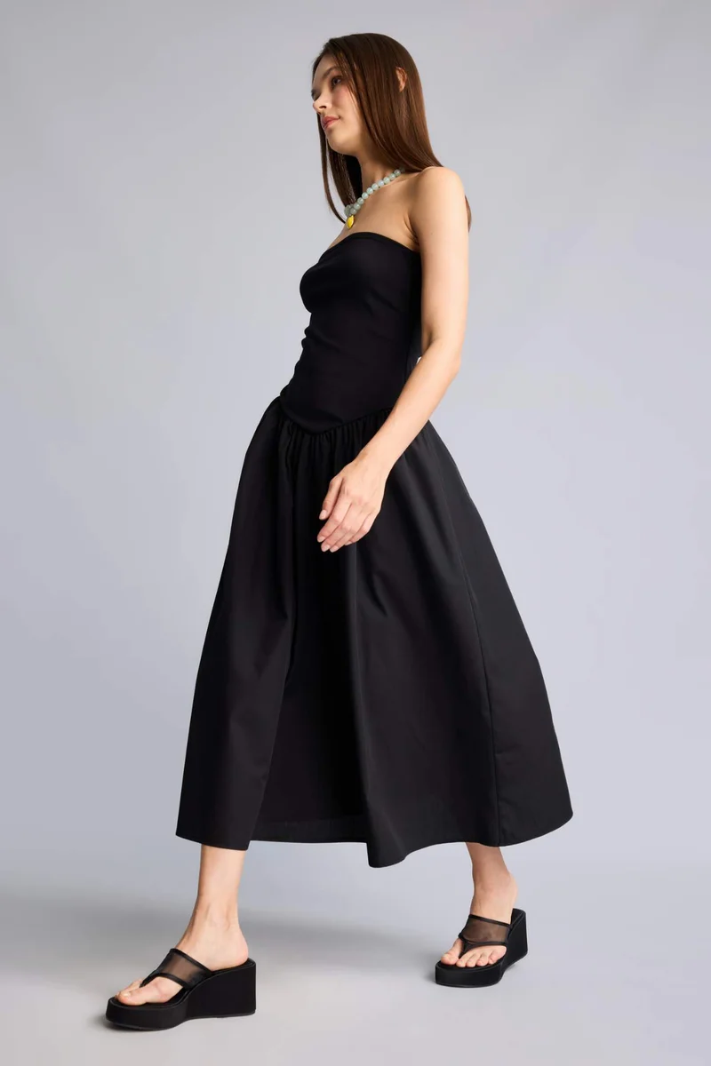 Strapless Poplin Midi Black Dress