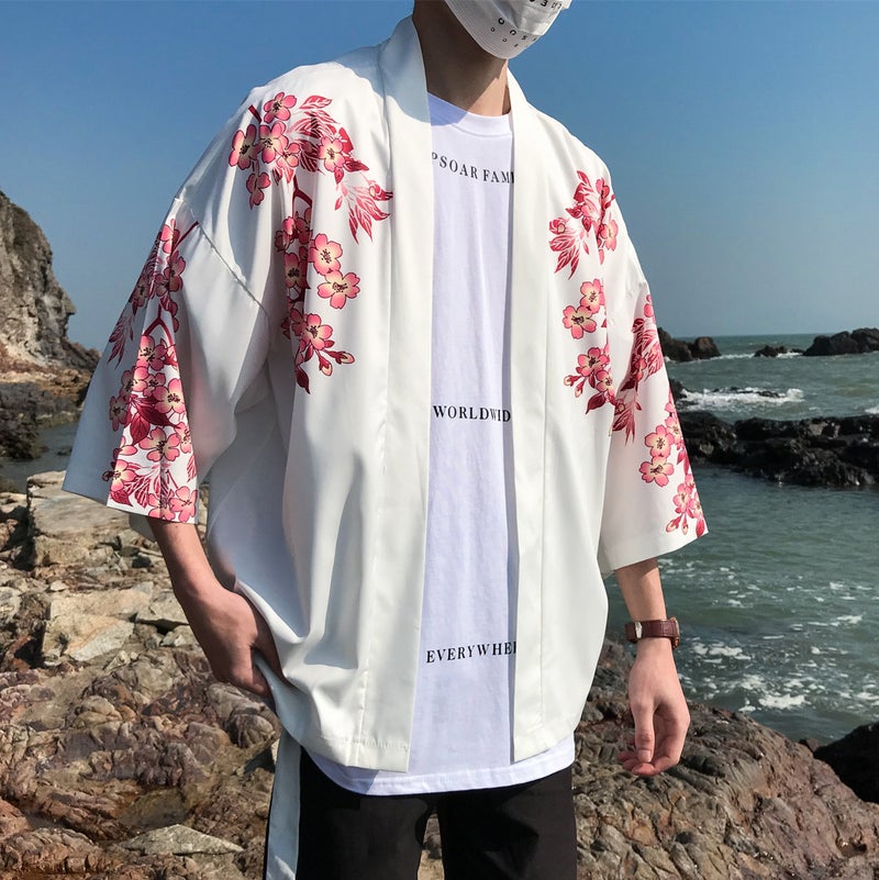 Unisex Kimono Cardigan Fish Print UV Protection White  - Image 5
