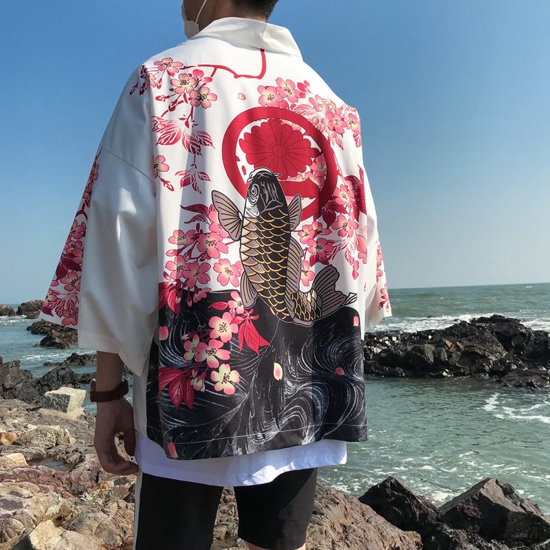 Unisex Kimono Cardigan Fish Print UV Protection White  - Image 1